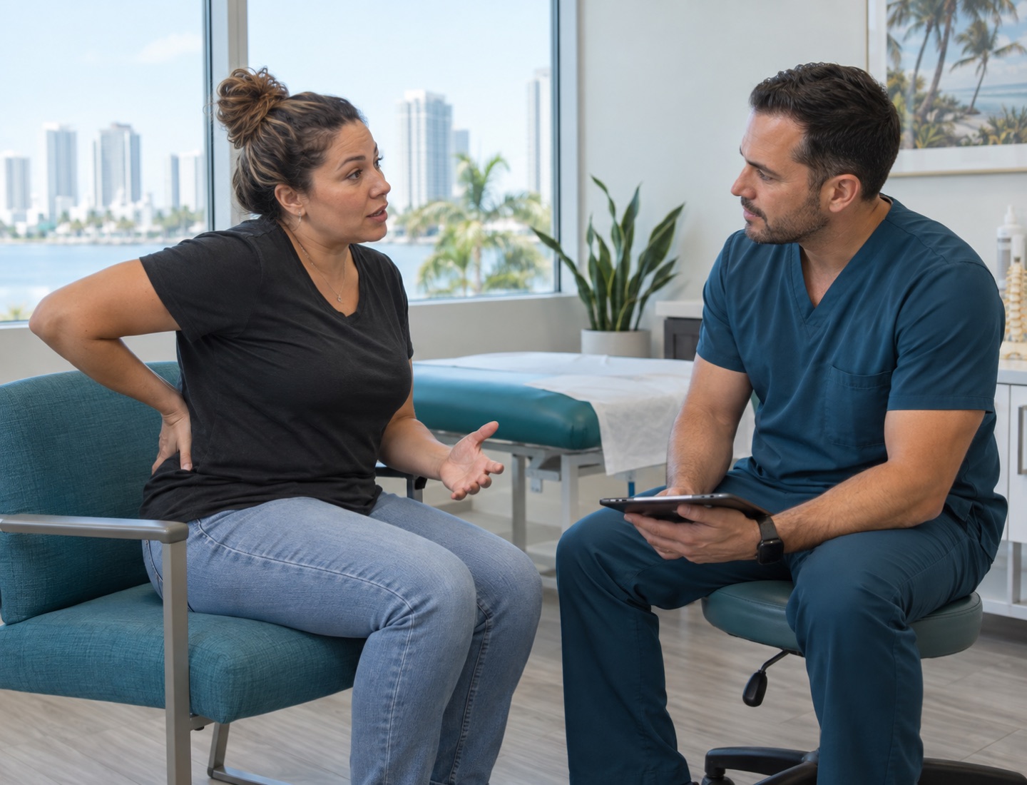 A seated adult discussing lower back discomfort with a clinician.