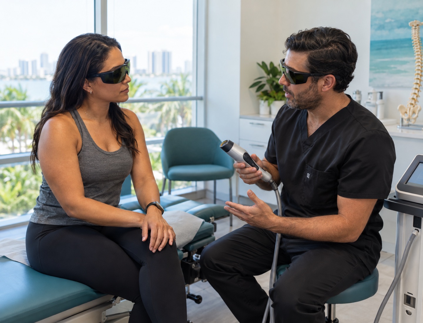 A patient and clinician wearing protective eyewear during a laser therapy consultation.